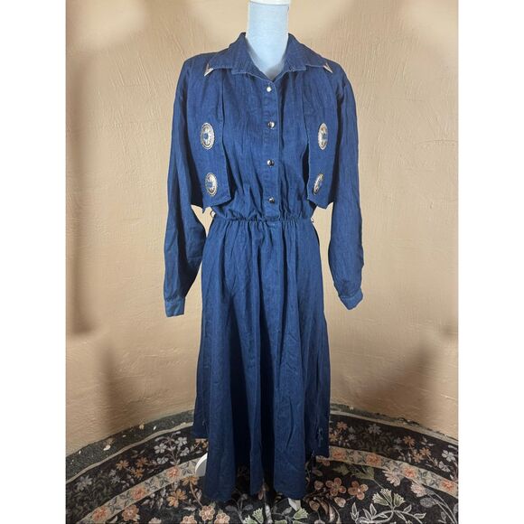 Sassa Dresses & Skirts - Sassa Ltd. Vintage 1980s Dark Wash Denim Western Dress – Silver Concho & Collar